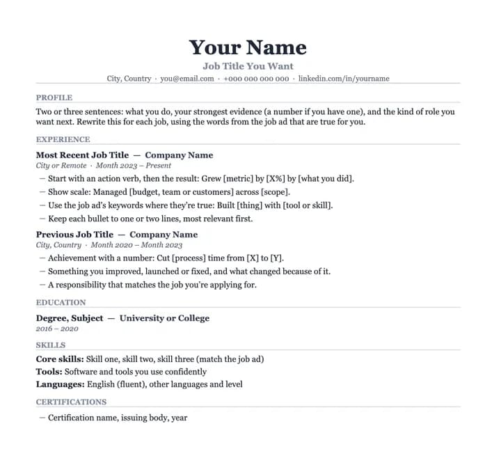 Preview of the Executive CV template