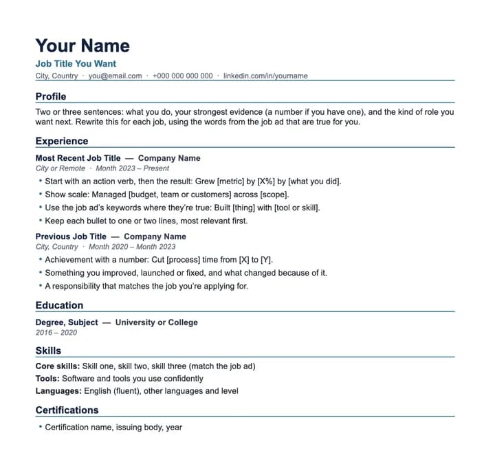 Preview of the Modern CV template